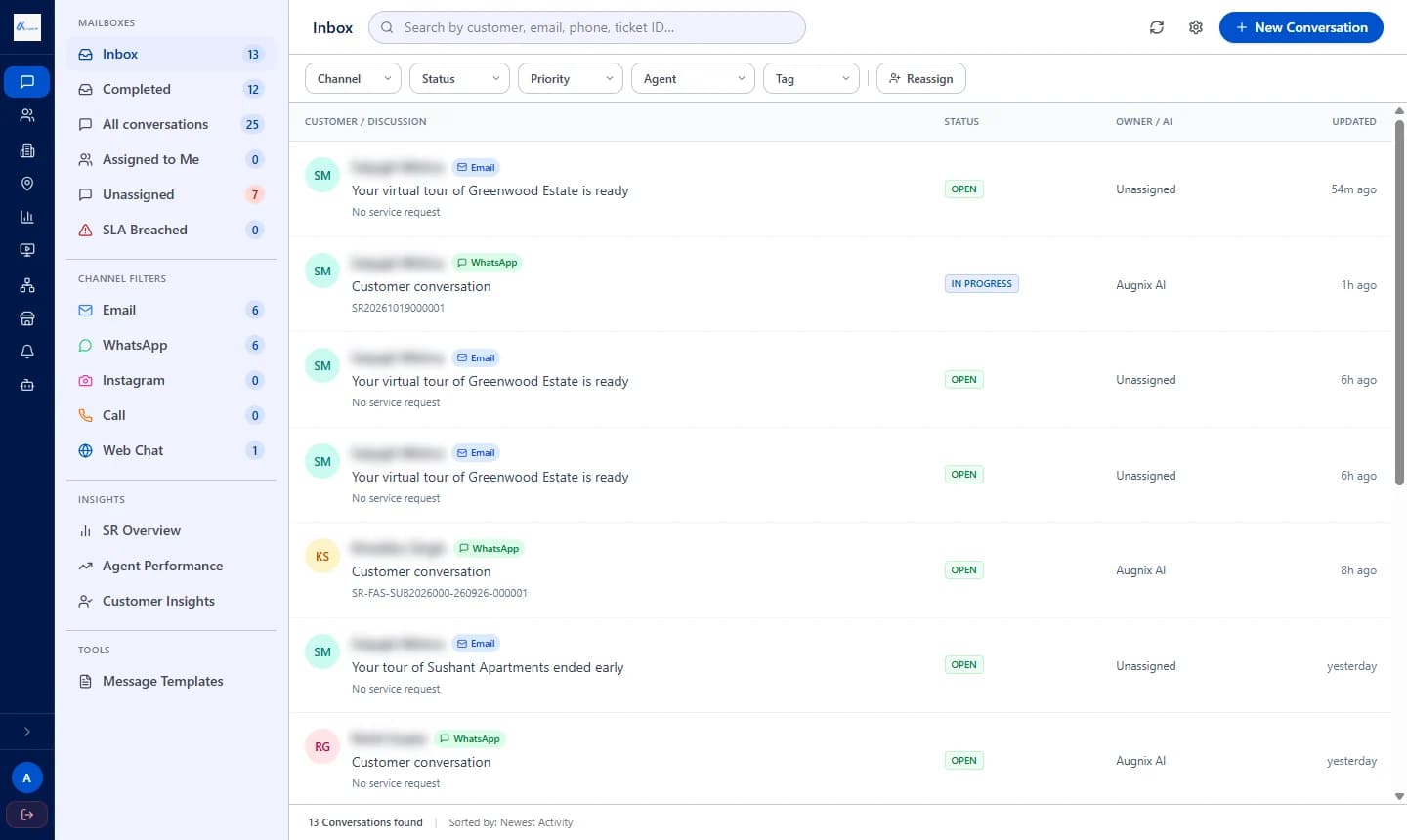 The Augnix Communication Hub inbox listing WhatsApp and email conversations handled by Augnix AI