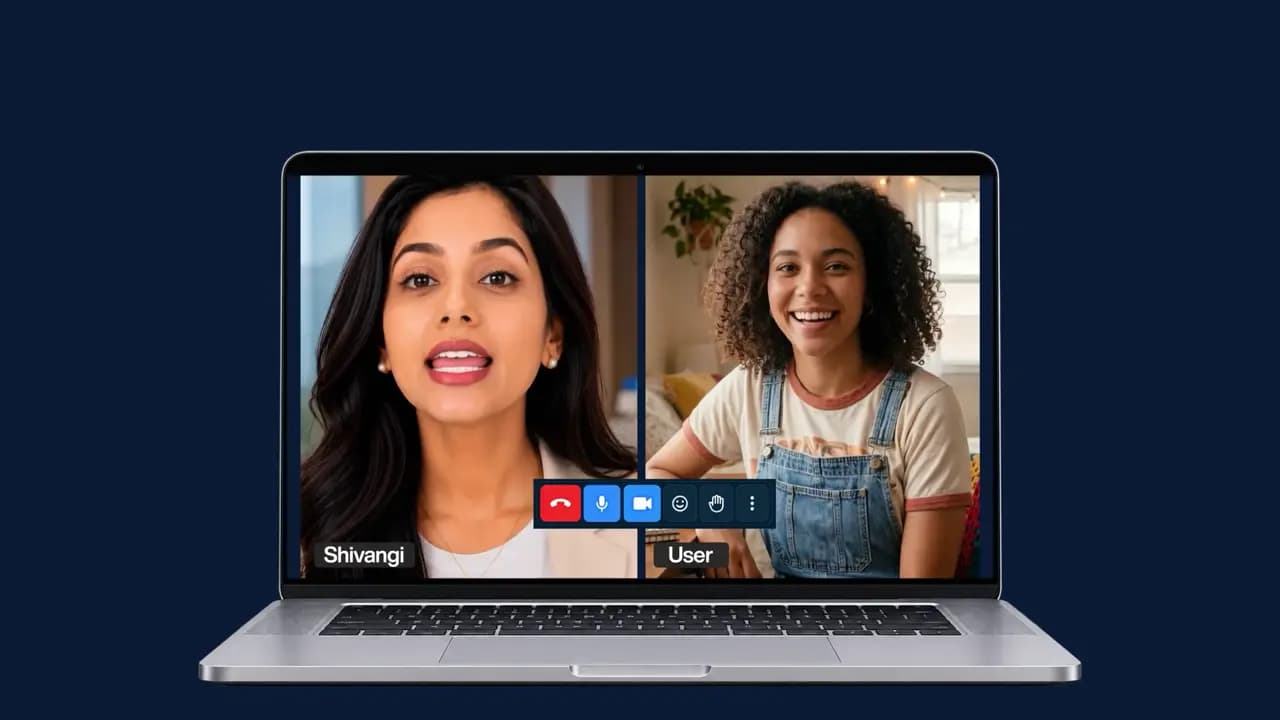 Laptop showing a live Augnix Guide call, with Shivangi the AI property guide and a buyer side by side