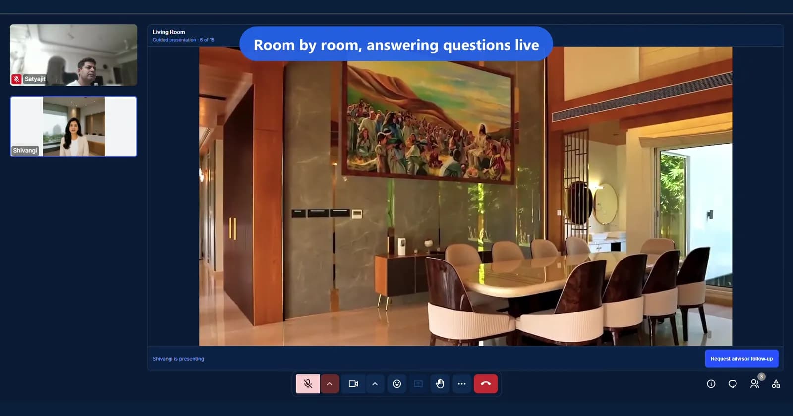 Augnix tour screen showing a dining room, with the buyer and Shivangi in video tiles beside it